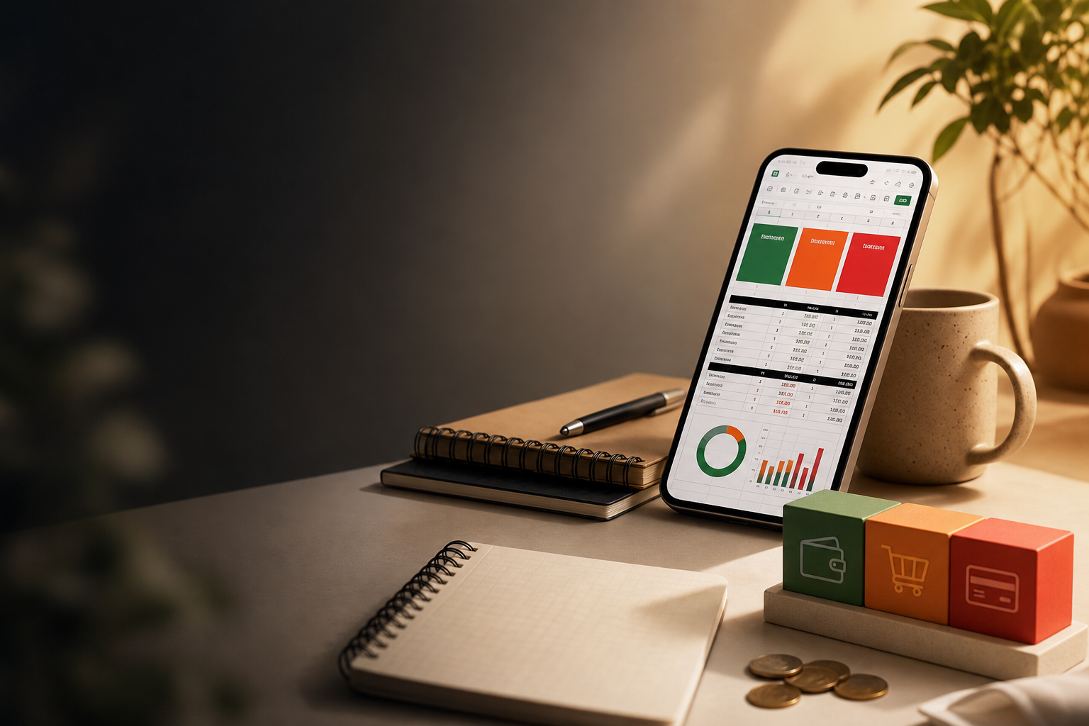 mesa com celular aberto na planilha e blocos de finanças organizados