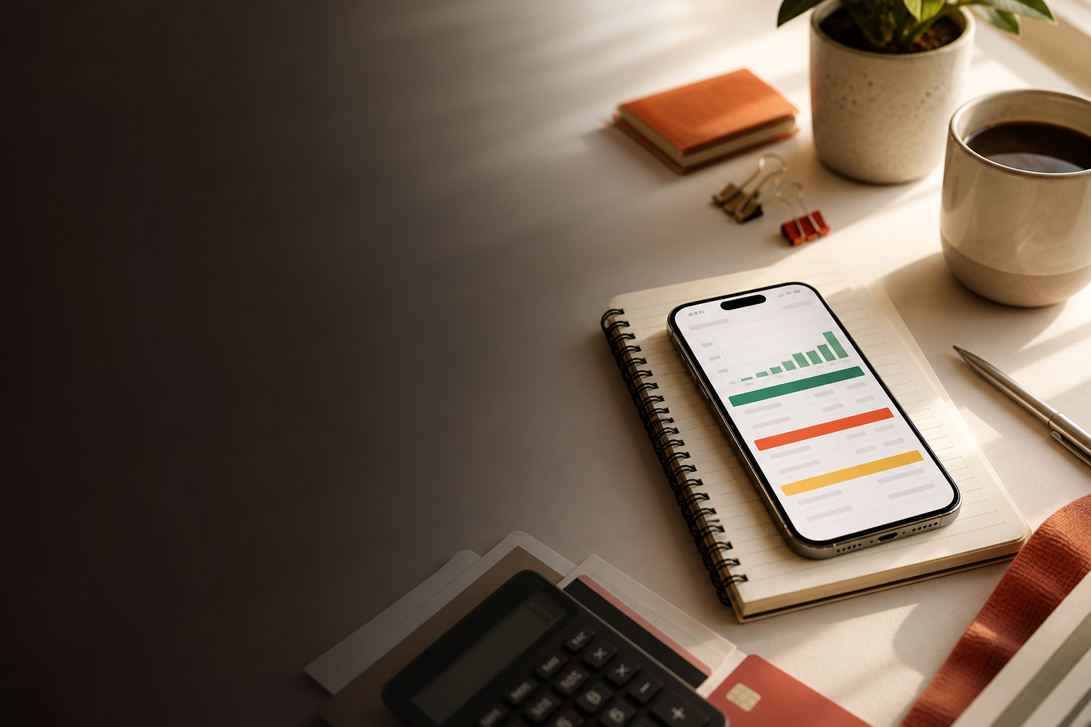 mesa com orçamento organizado e celular mostrando a planilha